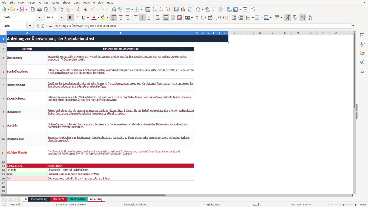 Screenshot 4: Blatt Anleitung - Excel-Vorlage spekulationsfrist immobilie überwachung excel vorlage