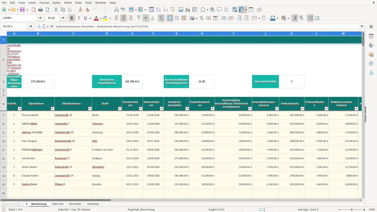 Screenshot 1: Blatt Berechnung - Excel-Vorlage spekulationssteuer immobilie berechnung excel vorlage