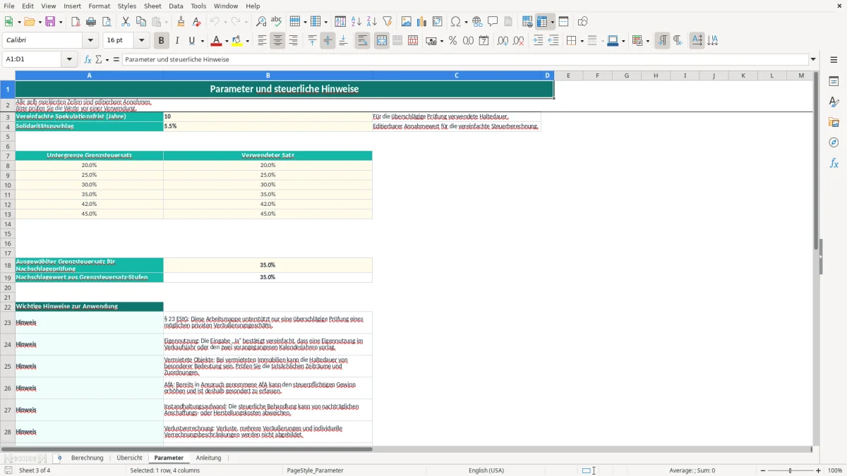 Screenshot 3: Blatt Parameter - Excel-Vorlage spekulationssteuer immobilie berechnung excel vorlage
