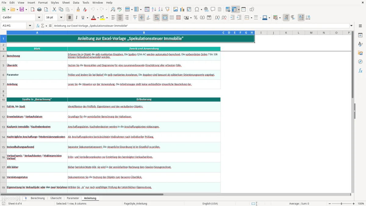 Screenshot 4: Blatt Anleitung - Excel-Vorlage spekulationssteuer immobilie berechnung excel vorlage