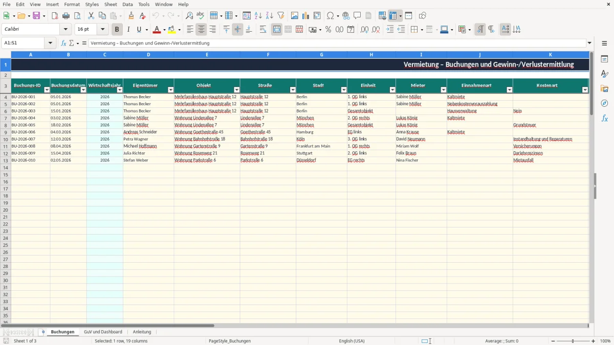 Screenshot 1: Blatt Buchungen - Excel-Vorlage vermietung gewinn verlust ermittlung excel vorlage