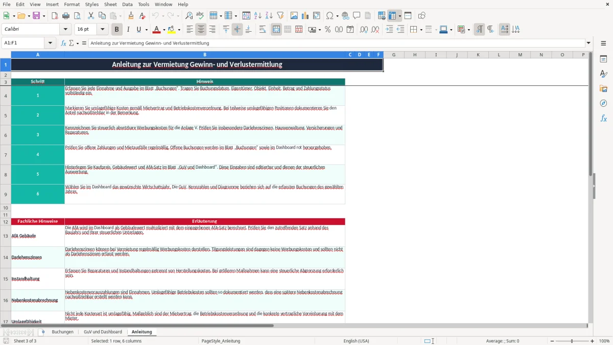 Screenshot 3: Blatt Anleitung - Excel-Vorlage vermietung gewinn verlust ermittlung excel vorlage